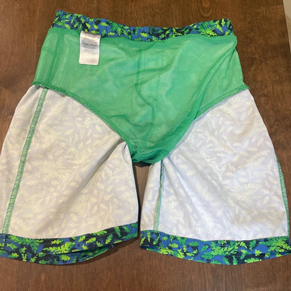 Columbia PFG Swim Trunks Boys Size Large 14/16 Blue Green Leaf Print Mesh Lined - Picture 7 of 11